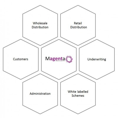 Diagram of Magenta at the centre of Wholesale Distribution, Retail Distribution, Underwriting, White labelled Schemes, Administration, and Customers